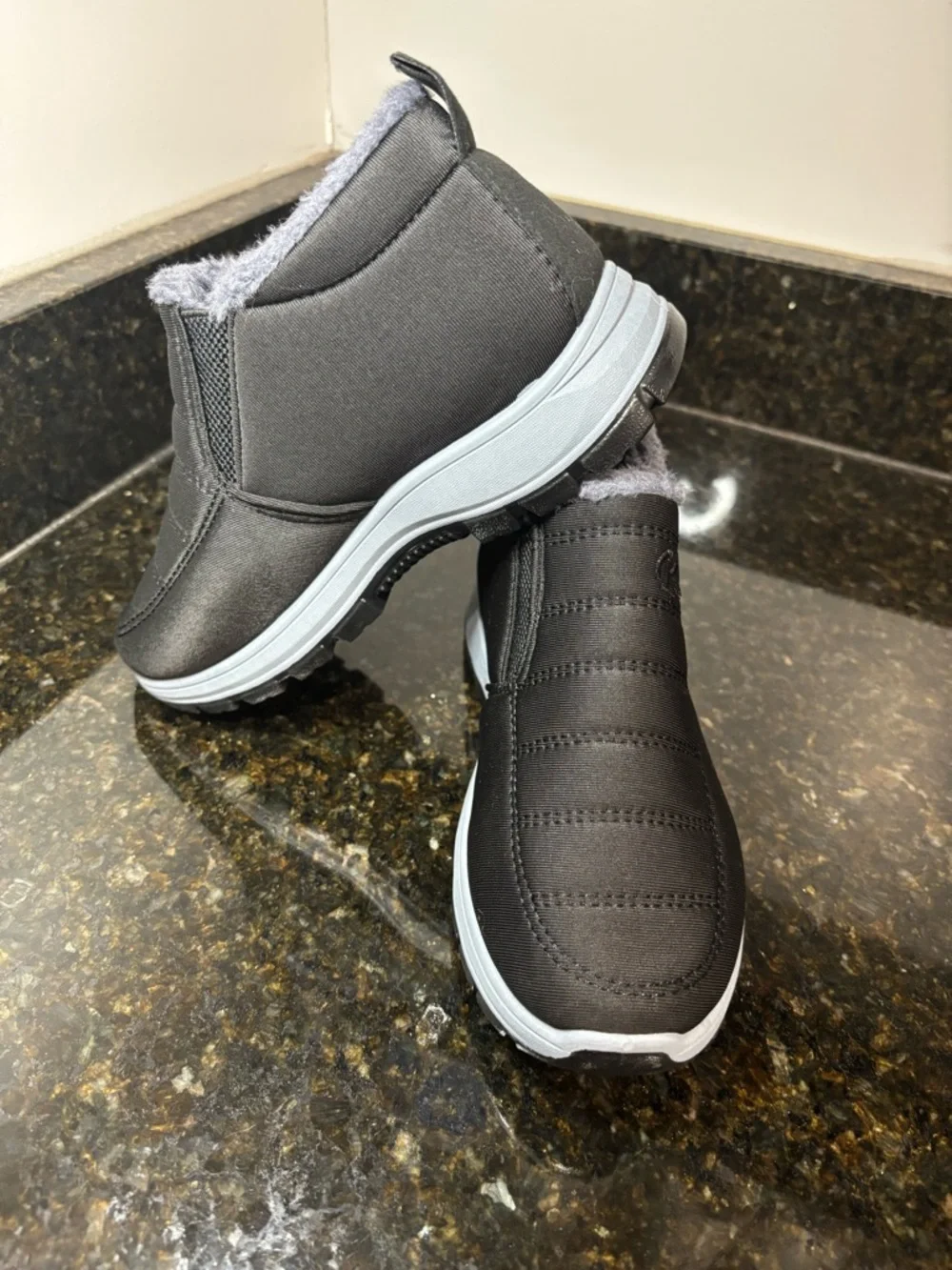 New Black Slip-On Waterproof Winter Sneakers with Gray Faux Fur Lining Size 37